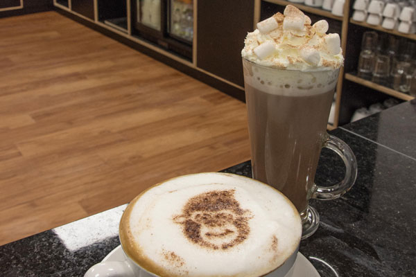 Cappucino and hot chocolate with marshmallows in Wrexham